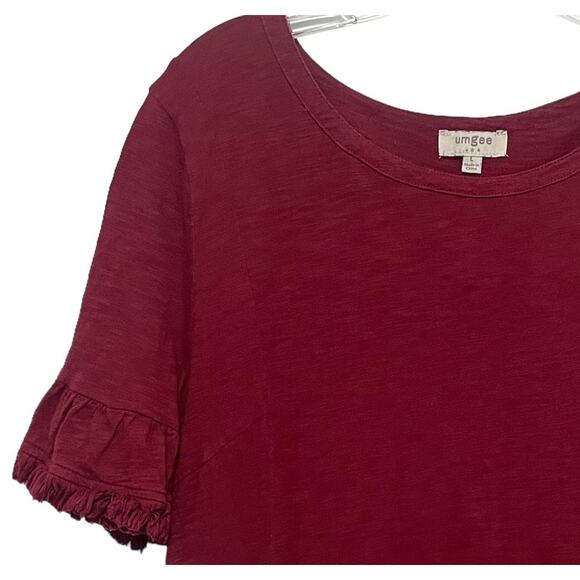 Umgee Burgundy Fringe Swing Dress Womens Large Pockets Cotton Boho Ruffle Red - Picture 2 of 8